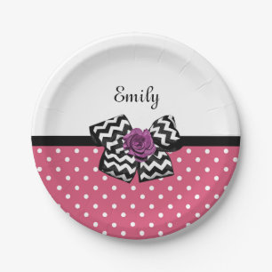 Cute Pink Dots Purple Rose Chevron Bow and Name Paper Plate
