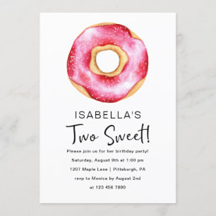 Cute Pink Doughnut 2nd Birthday Party Invitation