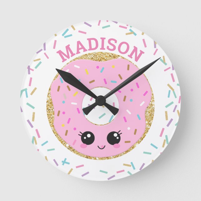 Cute Pink Doughnut Doughnut Sprinkles Girls Room Round Clock (Front)