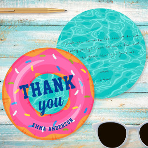 Cute Pink Doughnut Inner Tube Pool Party Birthday Thank You Card
