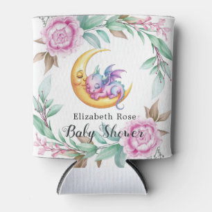 Cute Pink Dragon and Peony Girl Baby Shower Can Cooler