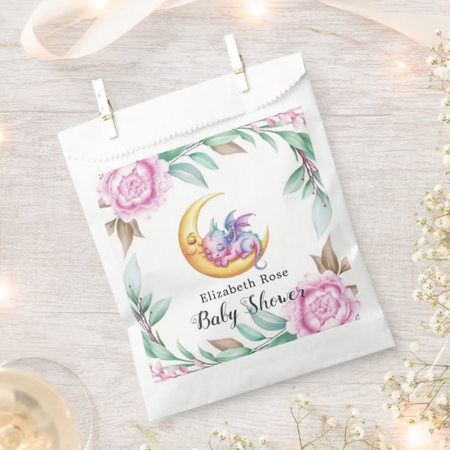 Cute Pink Dragon and Peony Girl Baby Shower Favour Bag (Clipped)