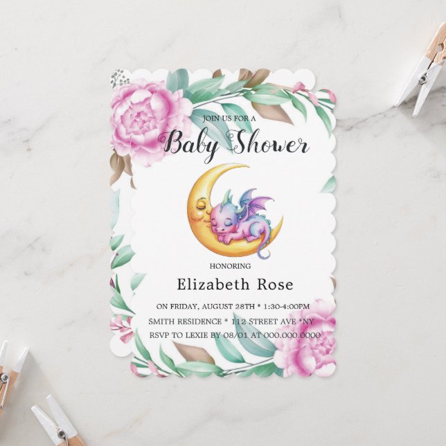 Cute Pink Dragon and Peony Girl Baby Shower Invitation (Front/Back In Situ)