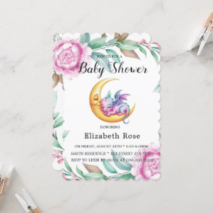 Cute Pink Dragon and Peony Girl Baby Shower Invitation