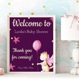 Cute Pink Dragon Baby Shower Welcome Poster