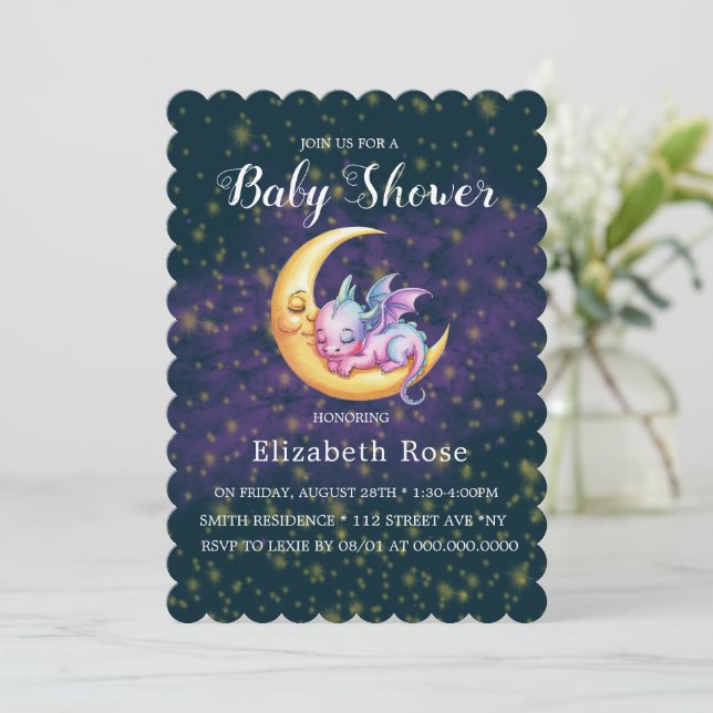 Cute Pink Dragon Galaxy Girl Baby Shower Invitation (Standing Front)