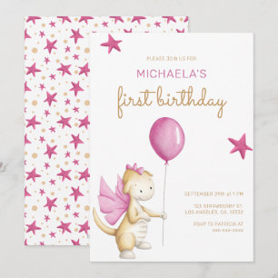 Cute Pink Dragon Girl First Birthday Invitation