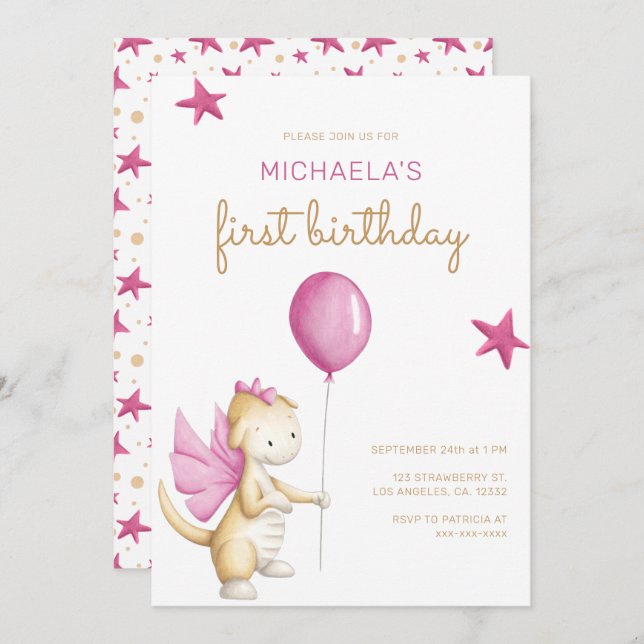 Cute Pink Dragon Girl First Birthday Invitation (Front/Back)
