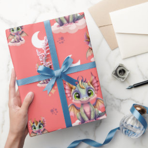 Cute Pink Dragon Pattern Wrapping Paper