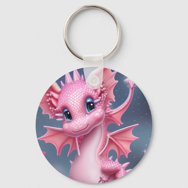 Cute Pink Dragon with Pink Flowers  Key Ring (Front)