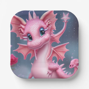 Cute Pink Dragon with Pink Flowers Paper Plate