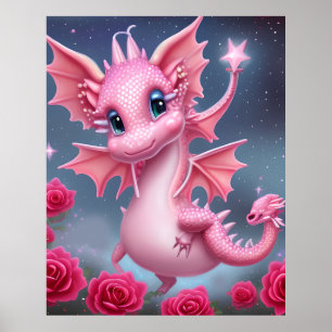 Cute Pink Dragon with Pink Flowers Poster