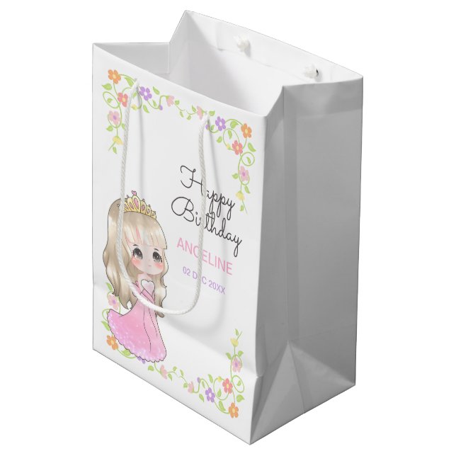 Cute Pink Dress Princess Floral Birthday  Medium Gift Bag (Front Angled)