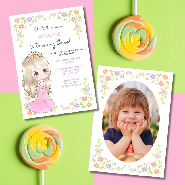 Cute Pink Dress Princess Floral Photo Birthday  Invitation (Creator Uploaded)