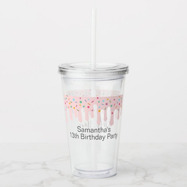 Cute Pink Drip Sprinkle Birthday Party Name Favour Acrylic Tumbler (Front)
