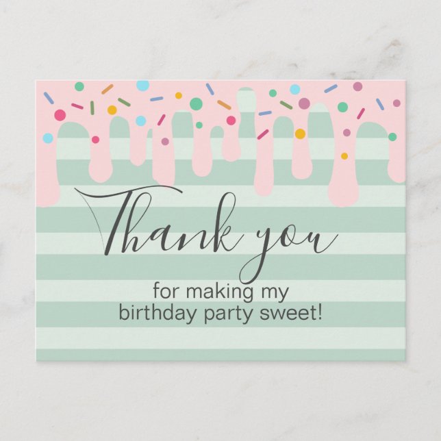 Cute Pink Drip Sprinkle Birthday Thank You Postcard (Front)