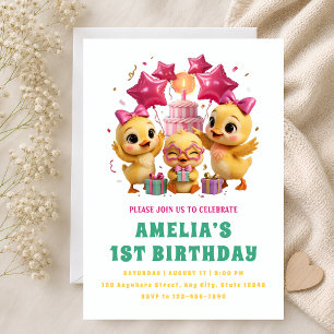 Cute Pink Ducklings 1st Birthday Invitation