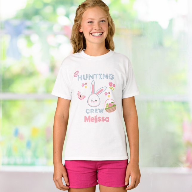 Cute Pink Easter Bunny Hunting Crew Name T-Shirt (Creator Uploaded)