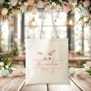 Cute Pink Easter Bunny Personalised Girl Tote Bag