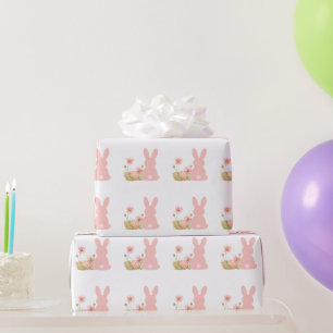 Cute Pink Easter Bunny with Spring Flowers  Wrapping Paper