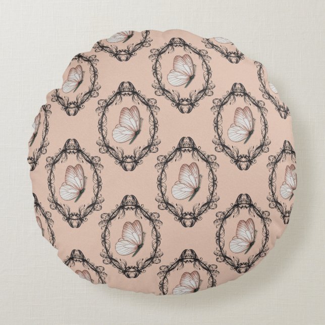 Cute Pink Elegant Butterfly Damask Pattern Round Cushion (Front)