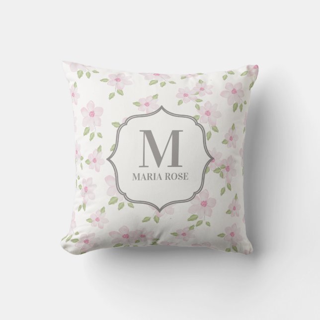 Cute Pink Elegant Simple Floral Monogram Cushion (Front)