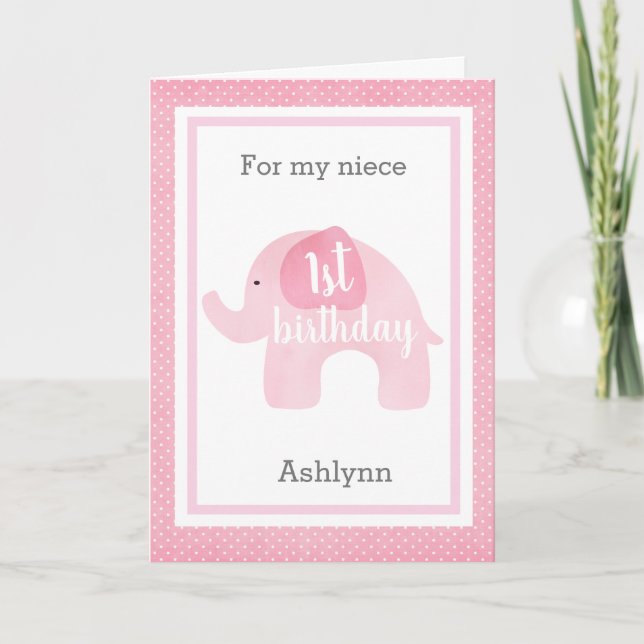 Cute Pink Elephant 1st Birthday Niece Card (Front)
