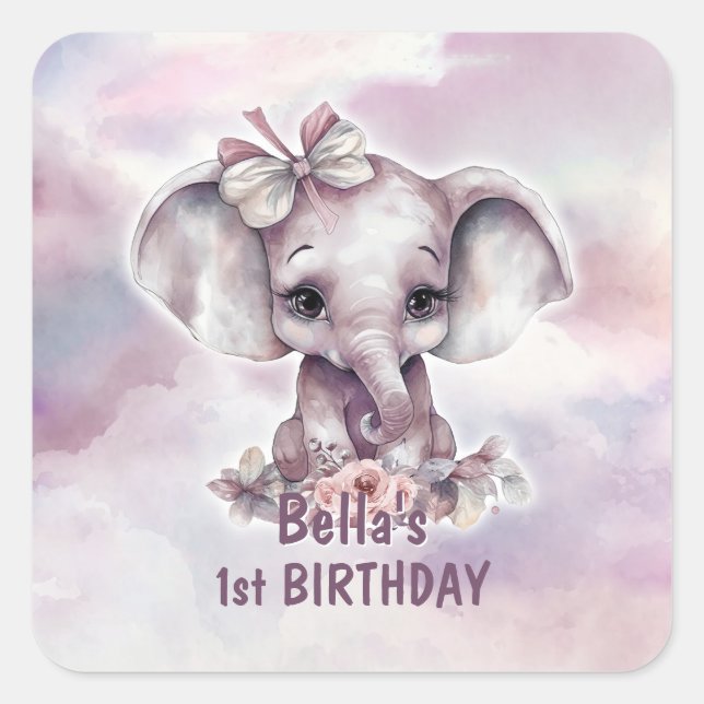 Cute Pink Elephant 1st Birthday Party Envelope Square Sticker (Front)