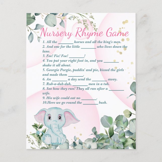 Cute Pink Elephant and Eucalyptus Baby Shower Game Flyer (Front)