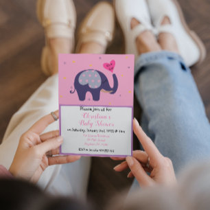 Cute Pink Elephant Baby Girl Shower Invitation