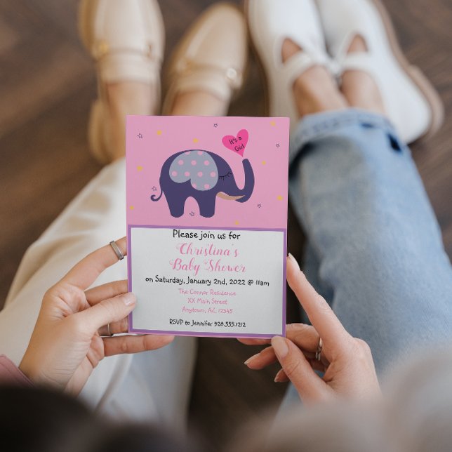 Cute Pink Elephant Baby Girl Shower Invitation (Creator Uploaded)