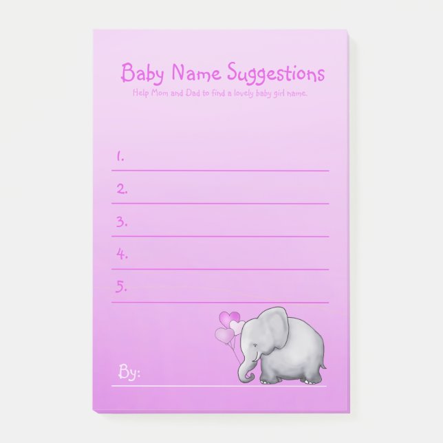 Cute Pink Elephant Baby Girl Shower Suggest Name Post-it Notes (Front)