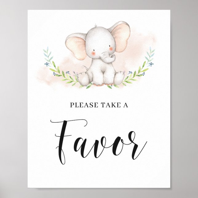 Cute Pink Elephant Baby Shower Favour Sign Poster (Front)