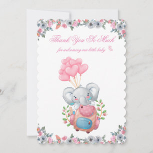 Cute Pink Elephant Baby Shower Thank You Card