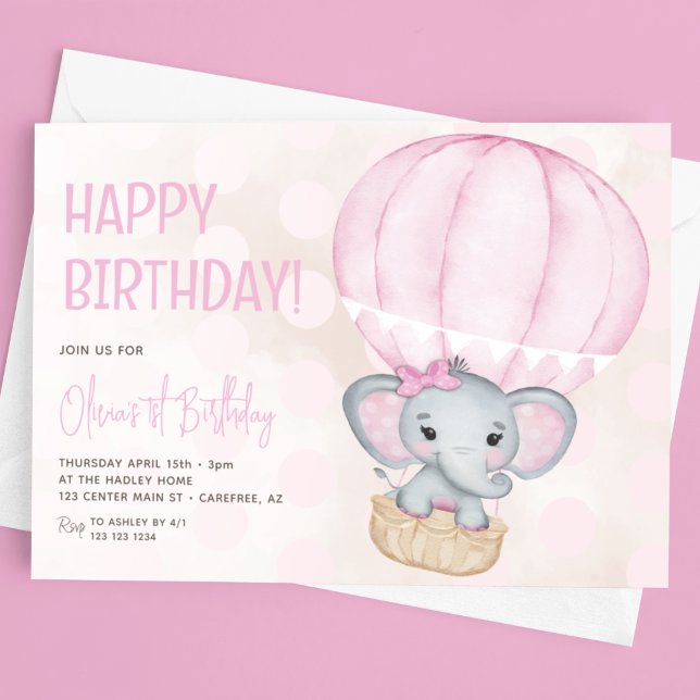 Cute Pink Elephant Balloon 1st Birthday Invitation (Creator Uploaded)