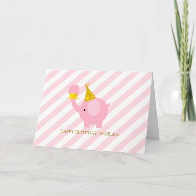 Cute Pink Elephant Birthday Thank You Card (Front)