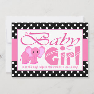 Cute Pink Elephant Black Polka Dots Baby Shower Invitation