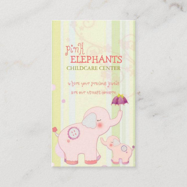Cute Pink Elephant Childcare Daycare Business Card (Front)