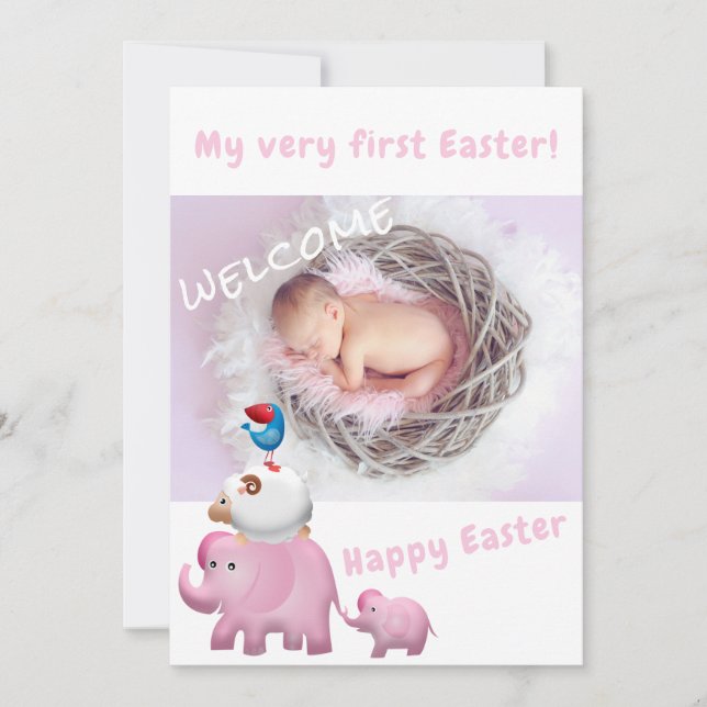 Cute Pink Elephant Easter Welcome Photo Baby Birth Announcement (Front)