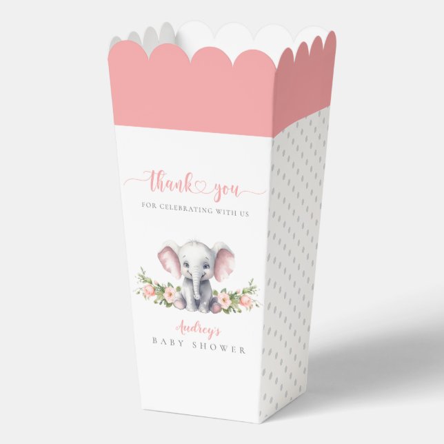 Cute Pink Elephant Floral Baby Girl Shower Favour Box (Front)