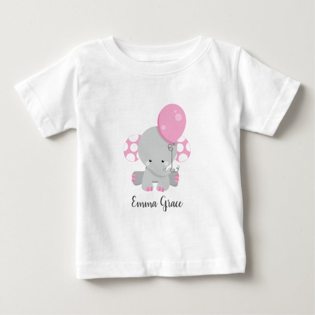 Cute Pink Elephant Girl Baby Monogram Baby T-Shirt (Front)