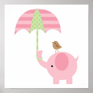 Cute Pink Elephant Girl Nursery Poster