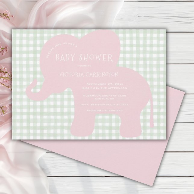 Cute Pink Elephant Green Gingham Baby Shower  Invitation (Creator Uploaded)