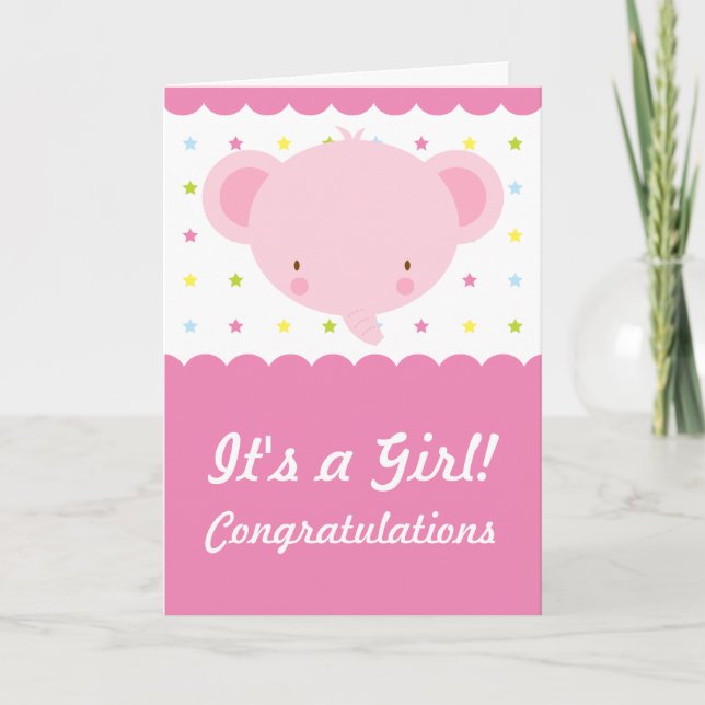 Cute Pink Elephant Its a Girl Congratulations Card (Front)