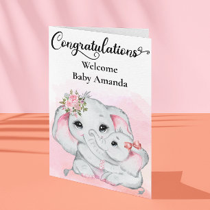 Cute Pink Elephant Mother Baby Congratulations  Card