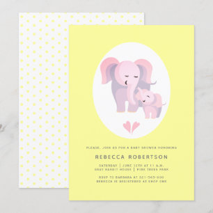 Cute pink elephant mother, baby girl shower yellow invitation