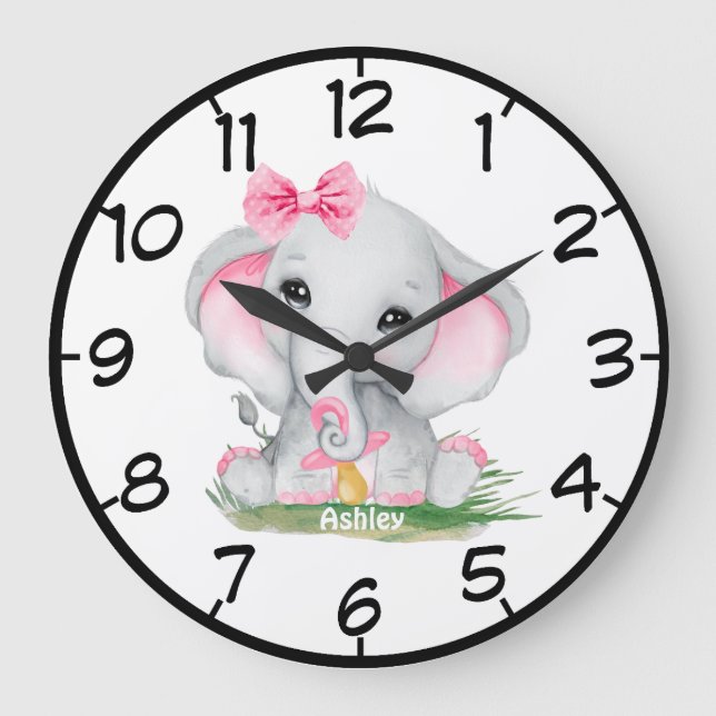 Cute Pink Elephant Pacie Girls Large Clock (Front)