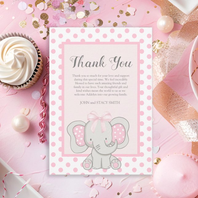Cute Pink Elephant Polka Dots Baby Girl Shower  Thank You Card (Cute pink and white polka dot baby girl elephant baby shower Thank You card.)