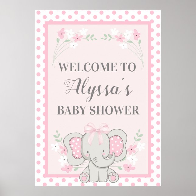 Cute Pink Elephant Polka Dots Flowers Baby Shower Poster (Front)
