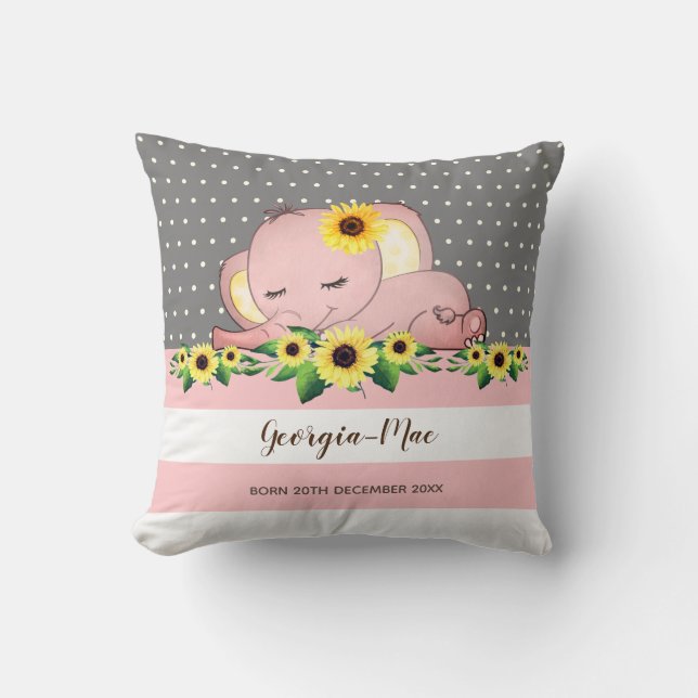 Cute Pink Elephant Sleeping on Sunflowers Nursery Cushion (Front)
